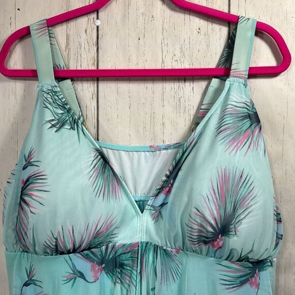 Fit 4 U Womens Plus Floral Print Mesh Splicing Blue Green One Piece Swimsuit - Picture 6 of 15